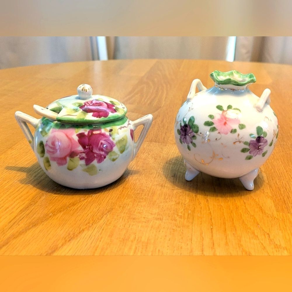 Vtg Small Hand Painted Flowers Porcelain Jam/Honey Jar & Bud Vase Cottagecore